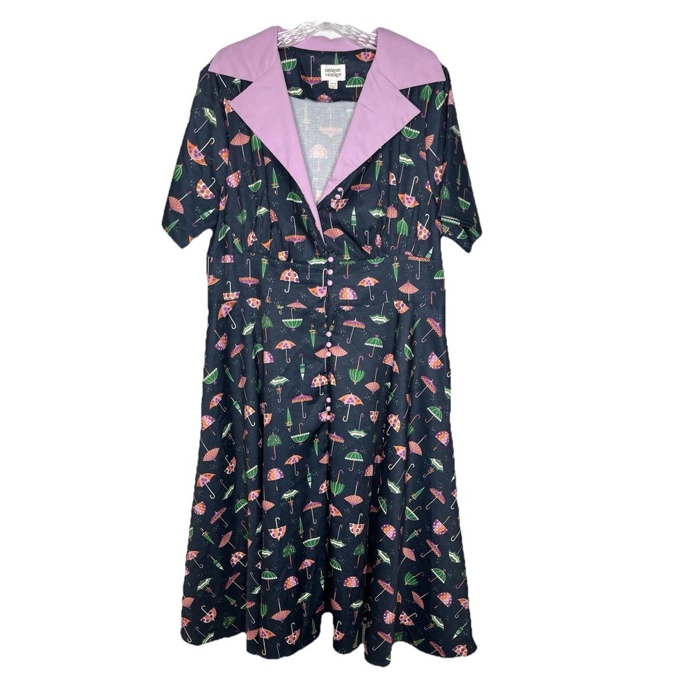Unique Vintage Navy Swing Dress Umbrella & Raindrop Print Retro 1940s Pinup Fun
